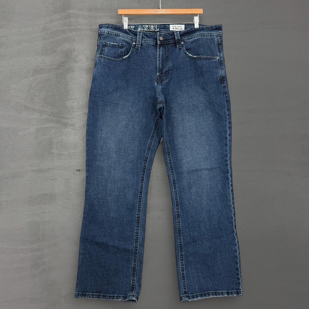 TK Axel Slim Boot Jeans Blue Denim Embroidered Flap Pocket 38 x 32